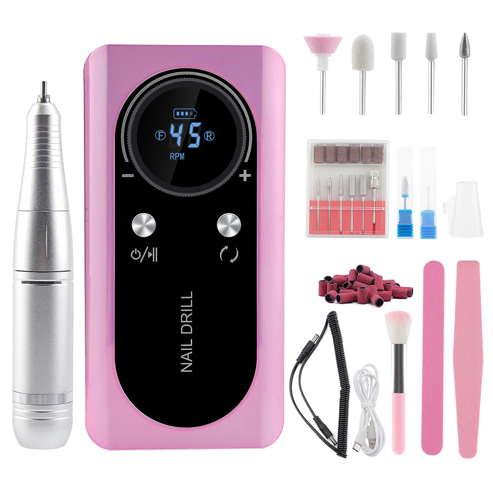 45000RPM Nail Drill Machine Rechargeable Nail Drill Milling Machine Portable Wireless Manicure Grinder Nail Polisher Cutter Kit