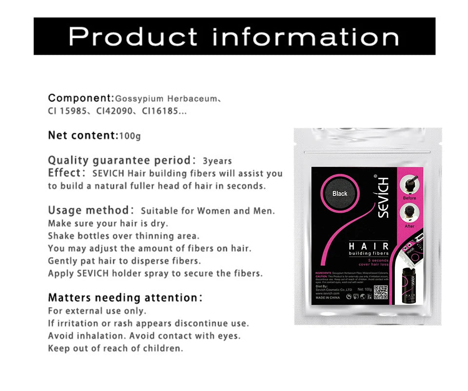 SEVICH Hair Fiber 100g Keratin Hair Fiber Thickening powder Hair Building Fiber Spray Instant Regrowth Powder Hair Loss Conceale